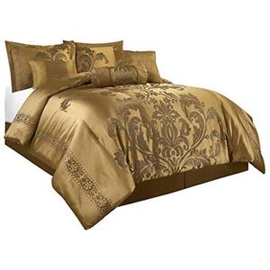 Chezmoi Collection 7-delige jacquard beddengoedset met bloemen (super kingsize bed, goud), polyestermix