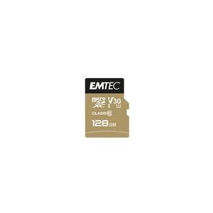 EMTEC - UHS-I U3 V30 A1-128 GB microSD-kaart - 128 GB - ECMSDM128GXC10SP - Speedin-serie - Met adapter - Leessnelheid tot 100MB/s, 100MB/s - Zwart/Goud