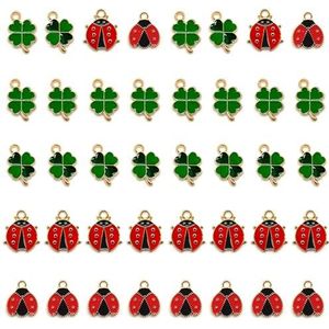 40 stuks klavertje vier hangers metaal rood ladybug groen email bedels vier bladeren lieveheersbeestje geluk lieveheersbeestje decoratie accessoires DIY, Gelegeerd staal