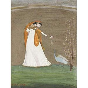Hoogwaardige kunstdruk op canvas, motief: Indiase vrouw, met pauw, 45,7 x 61 cm