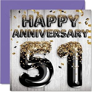 Leuke 51e verjaardagskaart voor echtgenoot, vriend, vrouw, vriendin, zwarte en gouden glitterballonnen, wenskaarten voor de 51e verjaardag van het gezin, 145 mm x 145 mm