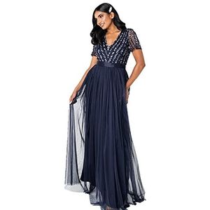 Maya Deluxe Maya Deluxe Maxi-jurk voor dames, bruidsmeisje, V-hals, baljurk, korte mouwen, lang, elegant, Empire-taille, bruiloft, bruidsmeisjesjurk voor dames (1 stuk), Navy Blauw