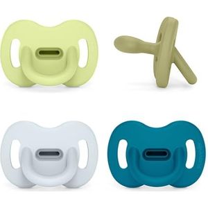 Suavinex, Set van 4 siliconen babyfopspenen 6/18 maanden met symmetrisch dak SX Pro, zeer zacht en flexibel, ideaal om te slapen, respecteert de mondelinge ontwikkeling, blauw, groen
