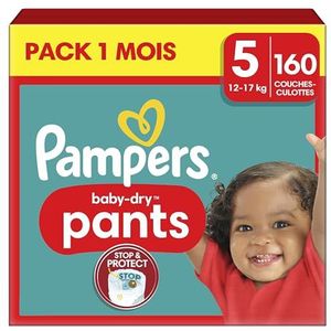 Pampers Baby-Dry luierbroekjes, maat 5, 160 zakken, 12 kg - 17 kg, met een stop & Protect-zak om lekken aan de achterkant te voorkomen