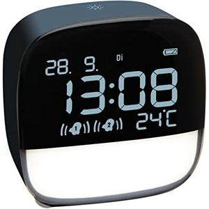 TFA Dostmann Digitale wekker met led-nachtlampje 60.2034.06 met binnentemperatuur dag van de week en datum, met batterij, 2 uur wektijd, nachtblauw, 81 x 67 x 82 mm