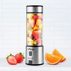 Ufesa Onyx Go!, Draagbare mini-mixer, blender, smoothies, USB-oplaadbaar, 20 toepassingen per lading, Tritan-fles 400 ml, sportdeksel, 5100 mAh batterij, behuizing en 6 messen van roestvrij staal