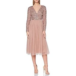 Maya Deluxe Maya Valse Warp Front Embellished Midi Dress bruidsmeisjesjurk dames, Mauve mes.