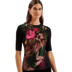 Ted Baker Wmb-floene-printed Skinny Fit Quarter Sleeve Top Blouse Dames, zwart.