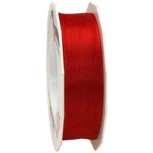 PRÄSENT FOUR SEASONS Transparante band met rode metalen rand 25 meter, stofband, effen, 25 mm breed, licht flexibele band om te versieren en te knutselen, voor speciale gelegenheden