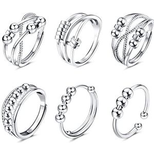 JeweBella 6/9 stuks anti-stress ring voor dames met parels, angstring, verstelbaar, zilveren ring, draaiende open spinnerring, voor dames en meisjes, Koper