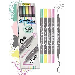 Calli.Brush Pastel, set van 5 kalligrafiestiften, met twee pagina's (kalligrafiezijde 2 mm en flexibele penseelzijde) voor handlettering/bullet journaling/creatief schrijven