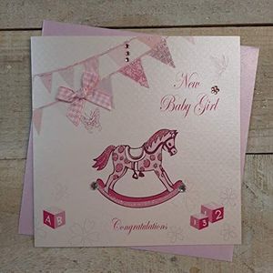 WHITE COTTON CARDS Handgemaakte wenskaart voor pasgeborenen (rozen, hobbelpaard en wimpel)