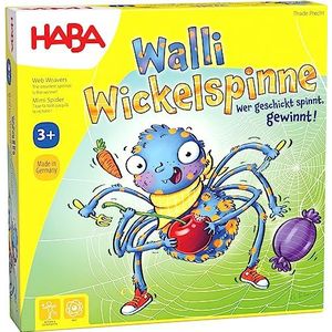 Walli Wickelspinne: 4 spinnen van hout, 4 spinnennetten, 4 knopen, 1 turfel, 1 speelhandleiding.