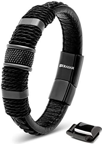 SERASAR Hoogwaardige leren armband voor heren, magnetische sluiting van roestvrij staal in zwart, zilver en goud, inclusief sieradendoosje, leuk cadeau-idee, Leer, Geen edelsteen