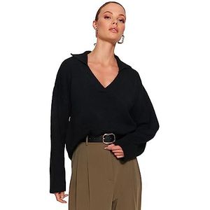 Trendyol Pull basique en tricot à col polo pour femme, Noir, S