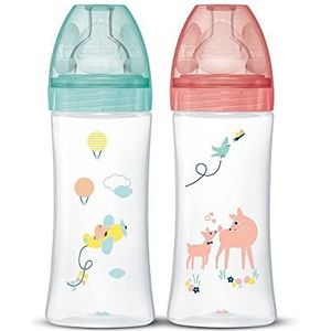 Dodie anti-koliek Sensation+ 2 flesjes (2 x 330 ml) – platte fopspeen, debiet 3, BPA-vrij – + 6 maanden – circusgeel