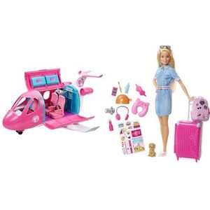 Barbie Droomvliegtuig voor poppen, met meubels en meer dan 15 accessoires, inclusief reizen, doos met pop en hond, koffer, transportbox, outfit en stickers