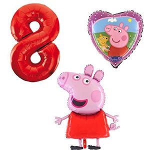 Set van 3 Peppa Pig folieballonnen cijfer 8, rood, Peppa met pluche hart