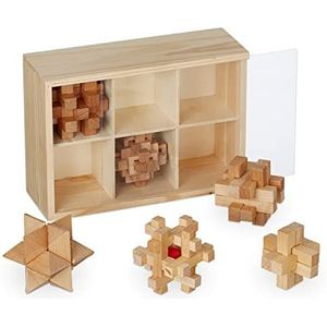 Relaxdays Houten Denkpuzzels - set van 6 - Denkspellen - Volwassenen - Iq Puzzels - Kubus