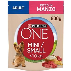 PURINA ONE Mini droogvoer voor volwassen honden, rijk aan rundvlees met rijst, voor honden tot 10 kg, 8 zakken van elk 800 g