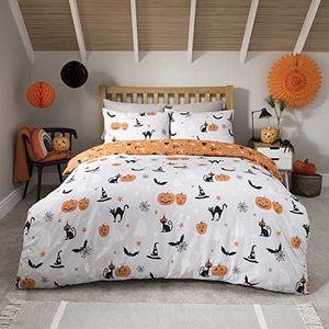 Sleepdown Halloween-pompoen-omkeerbaar beddengoedset, dekbedovertrek en kussenslopen, 230 x 220 cm