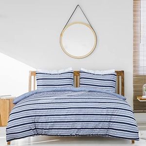 Sleepdown Seersucker Beddengoedset, 200 x 200 cm, gestreept dekbedovertrek en kussenslopen, omkeerbaar beddengoed, seersucker, beddengoedset, marineblauw, wit