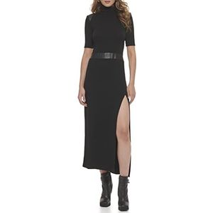 DKNY Lange damesjurk met korte mouwen en opstaande kraag met PU-details, zwart, XS, zwart.