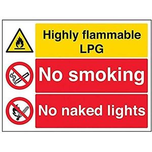 VSafety waarschuwingsbord 1mm hard plastic bord zeer ontvlambaar Lpg/No Smoking/No Naked Lights liggend formaat 400mm x 300mm