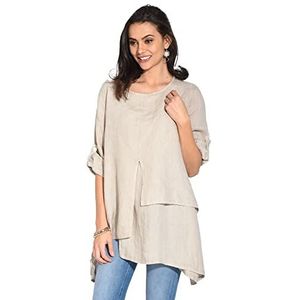 Damesjurk van 100% linnen, gemaakt in Italië, gestreepte korte jurk met boothals en halve mouwen met strik, taupe, maat: XL, taupe, XL, Taupe