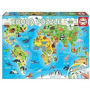 Educa Wereldkaart dieren. Educatieve puzzel voor kinderen. 150 stuks. Zoek dieren op de kaart. 6 jaar. Ref. 18115, gevarieerd