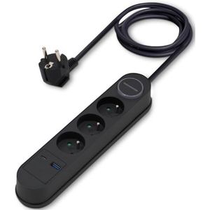 Waytex 52133 Stekkerdoos en USB + USB C, 3 stopcontacten 16 A 2P+T, 1 USB A + 1USB C PD20W, kabel 1,50 m, kinderbeveiliging, CE NF, zwart