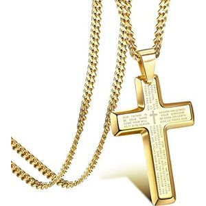 JeweBella Goud 14 K halsketting kruis heren christelijke halsketting roestvrij staal kruishanger met 4 mm ketting heren christelijk katholieke kruis voor mannen lengte 61 cm, rvs