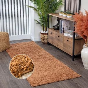 Surya Essentials Modern hoogpolig tapijt voor woonkamer, eetkamer, slaapkamer, abstract tapijt, pluizig, onderhoudsvriendelijk, groot tapijt, hal, 80 x 220 cm, terracotta