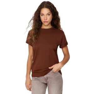Trendyol T-shirt en tricot Boyfriend basique à col rond pour femme, marron, S