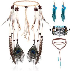 LOLIAS 4-delige Indiase hoofdtooi set halsketting leer oorbellen veren voor vrouwen handgemaakte armband vintage boho hippie tribal thema party carnaval sieraden, Synthetische parel