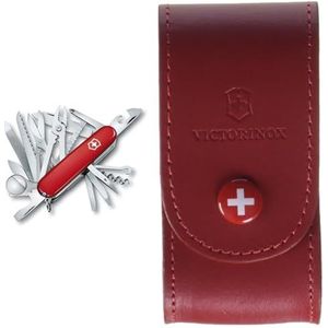 Victorinox Swisschamp zakmes (33 functies, universele tang, houtzaag en metaalzaag) rood & leren etui voor Zwitsers mes, rood