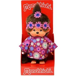 Sekiguchi Monchhichi 252893 - origineel pluche dier voor meisjes, Flower Power, paars en blauw, ca. 20 cm, bruin pluche