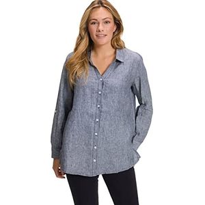 Ulla Popken Blouse, linnen, open kraag, damesblouse met lange mouwen, Chiné-marineblauw