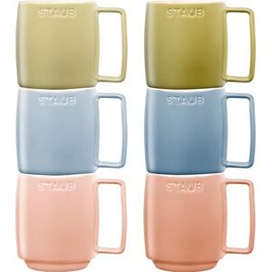 STAUB Ceramique Macaron Set van 6 stapelbare keramische mokken, gemengde kleuren, 350 ml, vaatwasser- en magnetronbestendig