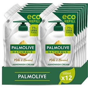 Palmolive Navulverpakking vloeibare handzeep, melk en amandel, 500 ml x 12, delicate formule, eco-navulling, draagt bij aan de vermindering van de hoeveelheid plastic afval, veganistisch,