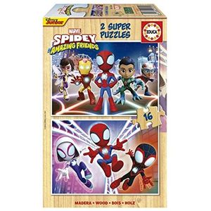 Educa - Spidey & Amazing Friends | Set van 2 houten puzzels met elk 16 stukjes en grote stukken. Afmetingen: 26 x 18 cm. +3 jaar (19579)