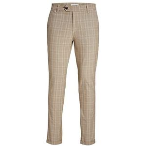 JACK & JONES Heren slim fit chino broek lage taille knoopsluiting ritssluiting beige / details: geruit, 33 W/32 L, Beige/Details: geruit