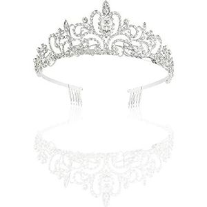 Tiara TSHAOUN kristallen kroon met strassteentjes, zilveren kam voor bruid, bruiloft, parades, meisjes, prinses, verjaardagsfeest, diadeem dames (zilver), Zilver, Zilver