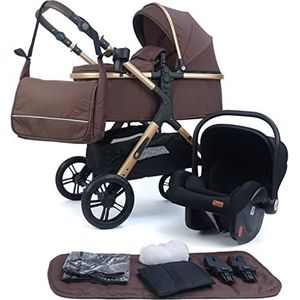 Pixini Nelio 3-in-1 combi-kinderwagen met reiswieg en babyzitje en luiertas, bekerhouder, regenhoes en adapter (goud/bruin)