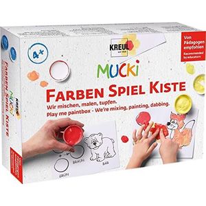 Kreul Mucki 29100 - vingerverf - kleurdoos - Wij mengen schilderen, stempelen, leer- en speelset, 5 x 50 ml, 2 kleine mengdozen en 10 schildersjablonen