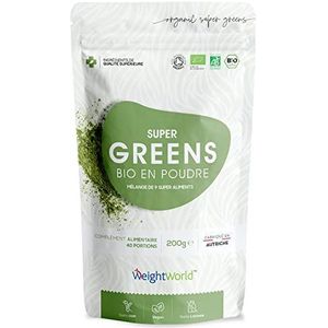 Super Greens Biologisch poeder, 200 g - Met 9 superfoods - Macapoeder, guaraná, biologische matcha, chlorella (chlorofyl), baobab, tarwegras, açai, gerst, vlas - Voedingssupplement - Kruiden en planten