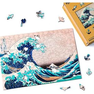 Figured'Art Houten puzzel voor volwassenen en kinderen, 200 stukjes, de grote golf van Kanagawa van Hokusai, origineel design, 31,2 x 22 cm, unieke vorm met premium houten doos, perfect om cadeau te