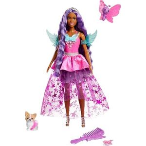 Barbie A Touch of Magic Brooklyn pop met lang gekleurd haar (18 cm), jurk met gevleugelde details en 2 feeëndieren, speelgoed voor kinderen, vanaf 3 jaar, HLC33