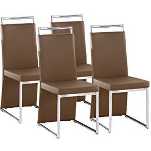 CAVADORE SCARLETT Set van 4 eetkamerstoelen modern design stoel met handvat en rugleuning incl. bekleding van kunstleer cappuccino chroom 58x45x100 cm