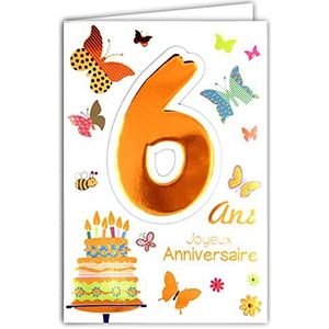 Age Mv 69-2006 verjaardagskaart, 6 jaar, kinderen, jongens, meisjes, motief taart met 6 vlinderkaarsen